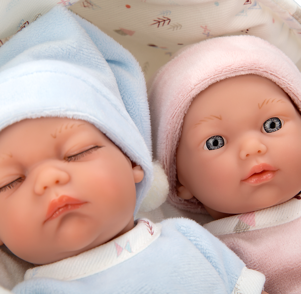 Arias twin baby dolls in a white carrycot, 26 cm