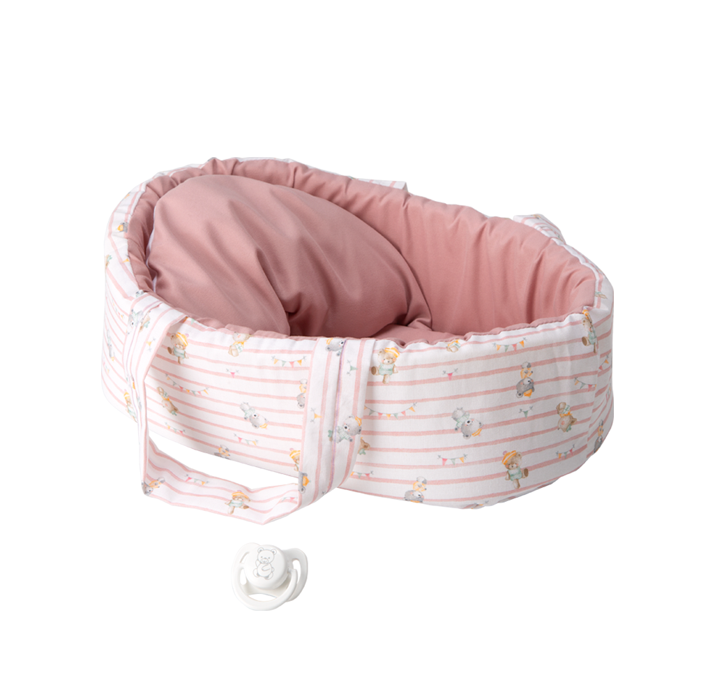 Arias baby doll in a pink carrier with teddy bears, 26 cm