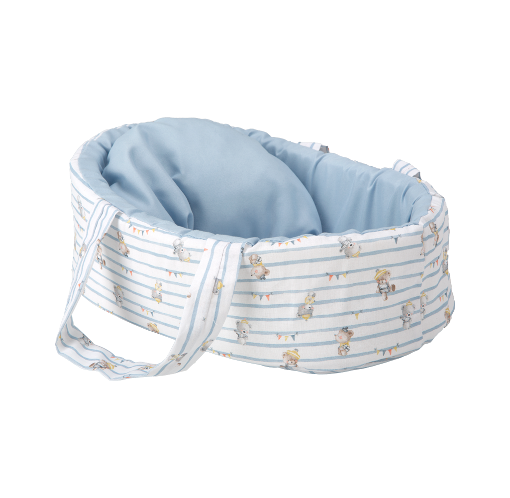 Aria baby doll in a blue carrier with teddy bears, 26 cm