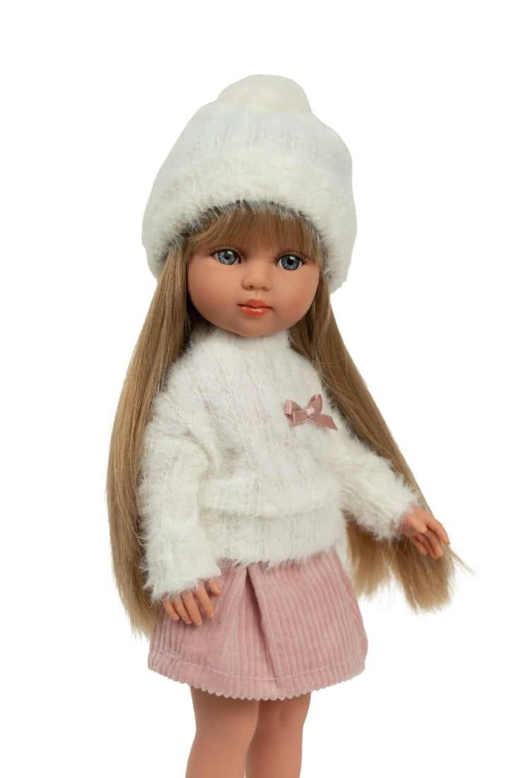 Arias lėlė mergaitė Carlota pūkuotu megztiniu, 36 cm