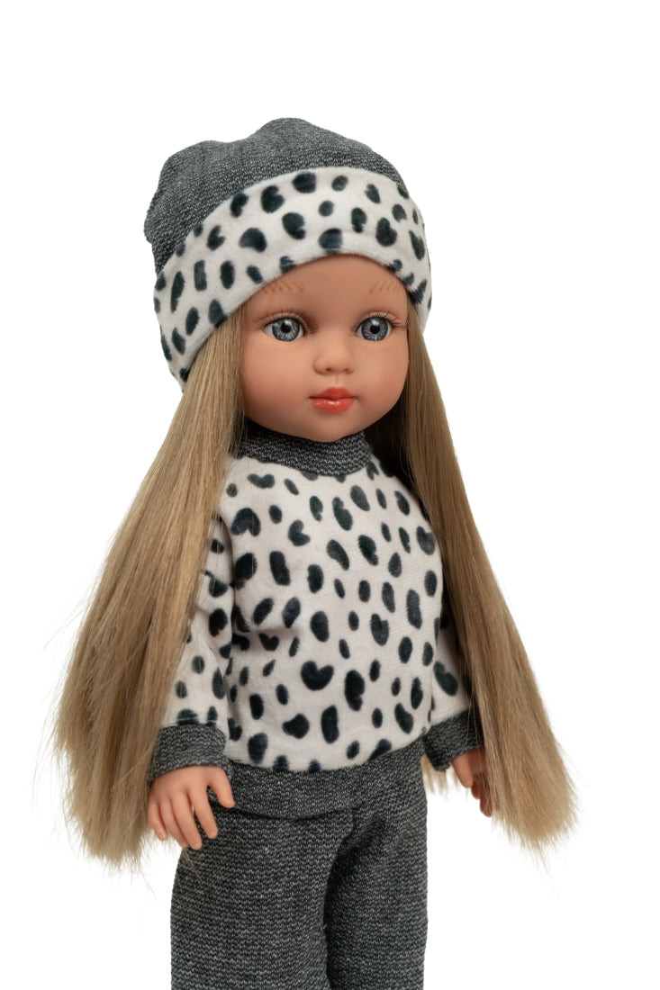Arias lėlė mergaitė Carlota pilkais rūbeliais, 36 cm